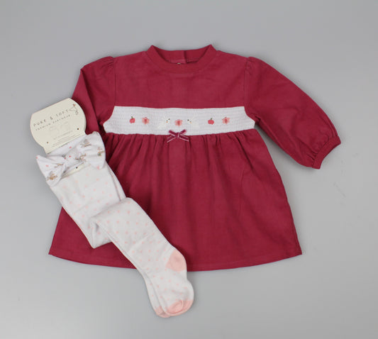 3pc Cord Dress & Tights set - Red Bunny (0-9m) (PK6) H13550