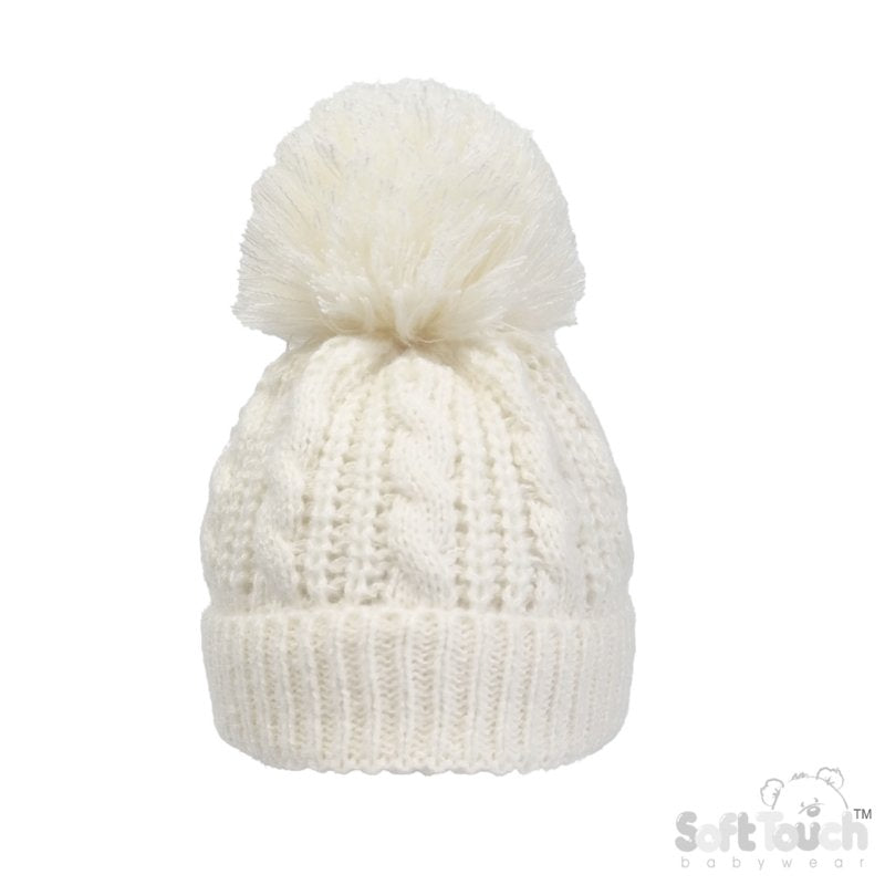 Cable Knit Pom Pom Turnover Hat - Cream (NB-12m) (PK4) H16-C