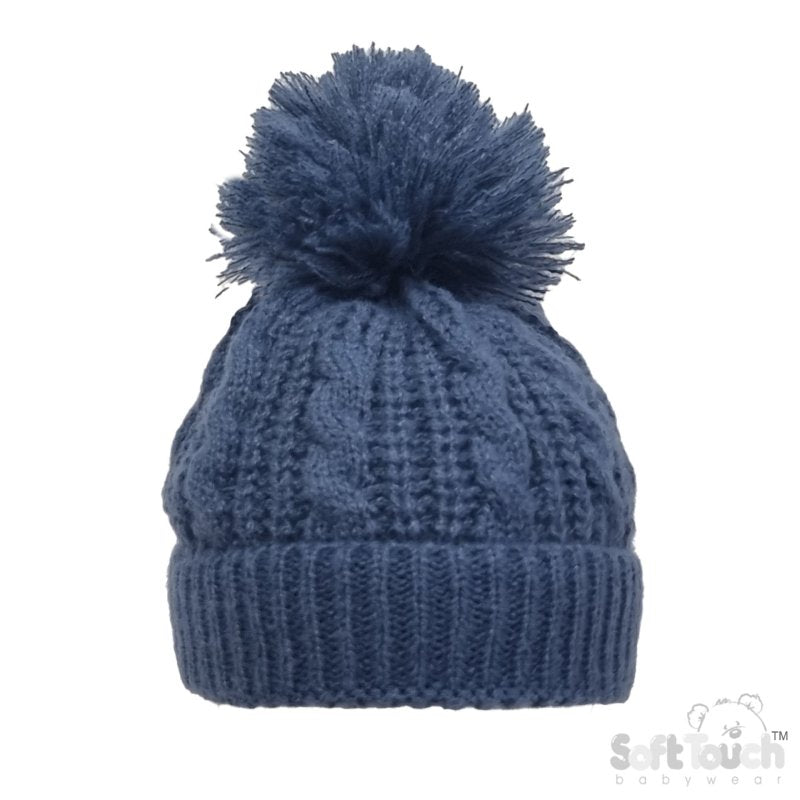 Cable Knit Pom Pom Turnover Hat - Steel Blue (NB-12m) (PK4) H16-SB