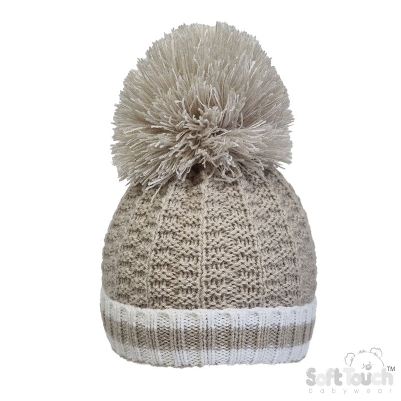 BISCUIT RIBBED HAT WITH LARGE POM POM (NB-12 Months)(PK12) H648-BI-BP