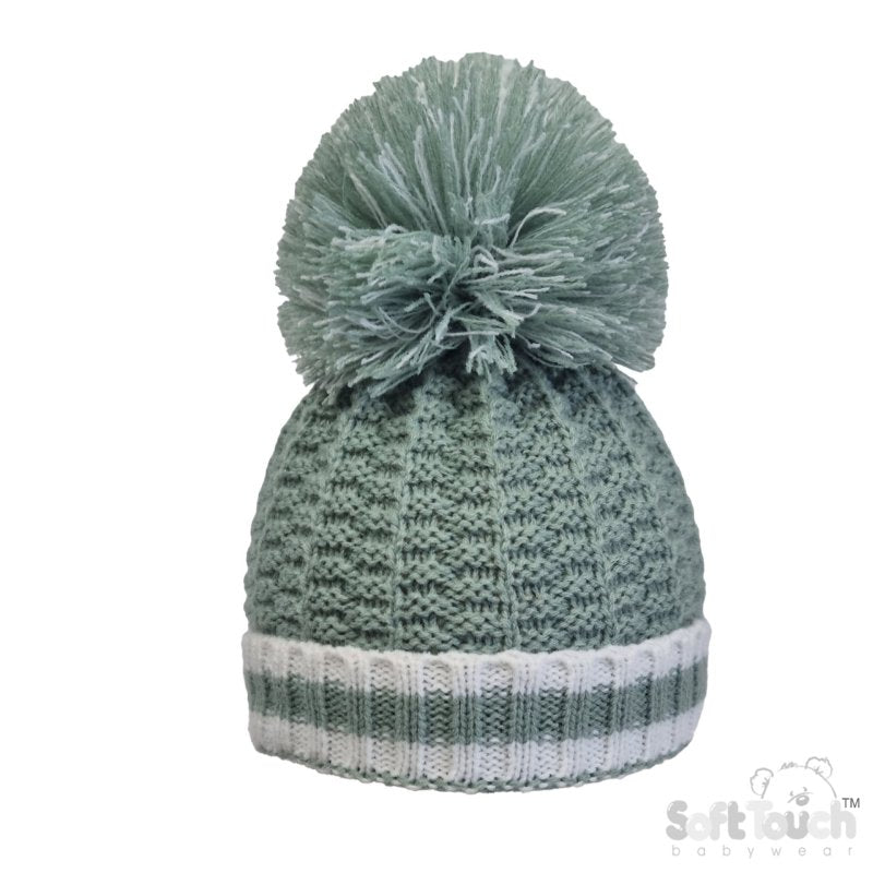 SAGE GREEN RIBBED HAT WITH LARGE POM POM (NB-12 Months)(PK12) H648-SG-BP