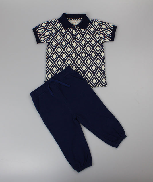 2pc Jog pants & Polo set- Navy/Diamond (1-2yrs) (PK6) J33838