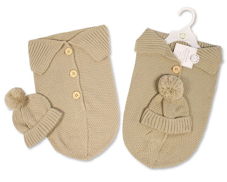 Knitted Baby Swaddle Bag with Pompom Hat (PK6) (NB to 9 Months) Bh-18-0143