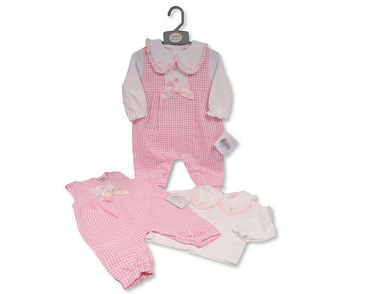 Baby Girls 2 pcs Long Dungaree Set with Lace and Bows (PK6) (NB-6) BIS-2020-2572