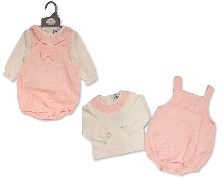 Baby Girls Short 2 pcs Dungaree Set with Bow - Pink (0-12 Months) (PK6) Bis-2020-2595