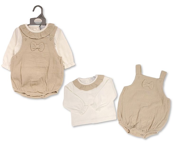 Baby Girls Short 2 pcs Dungaree Set with Bow - Taupe (0-12 Months) (PK6) Bis-2020-2598