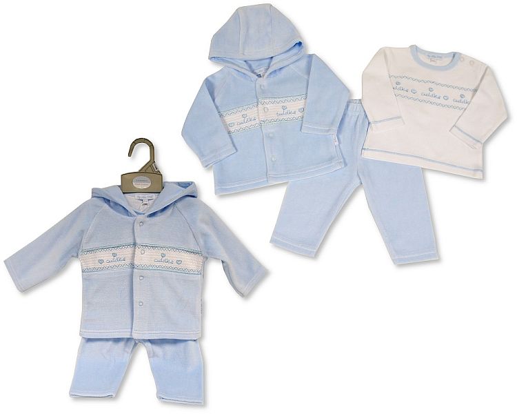 Baby Boys 3 pcs Set with Smocking and Hood - Cuddles (NB-6) (PK6) BW-13-395