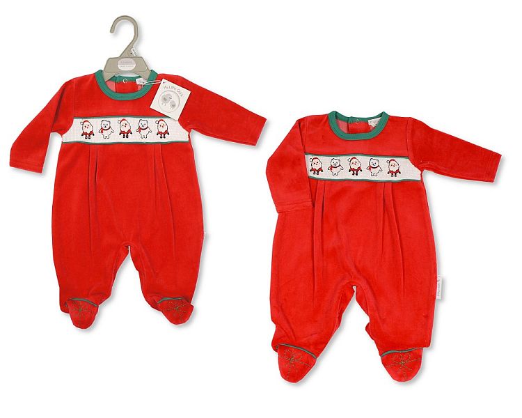 Baby Christmas Velour All in One with Smocking - Santa (NB-6) (PK6) BW-13-396