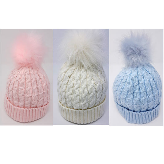 BABY CABLE KNIT FUR POM HAT- MIX COLOURS (PK12)(0-6m) KIDS/6216