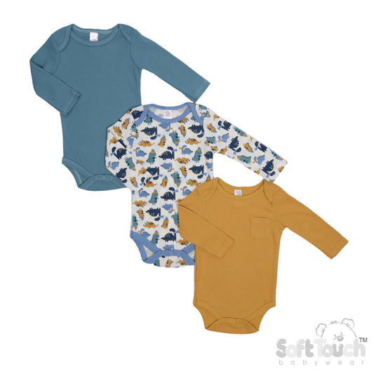 3 PACK LONG SLEEVED THERMAL BODYSUITS - PLAIN/DINOSAUR (Pack Of 6) (0-9 Months) BG317