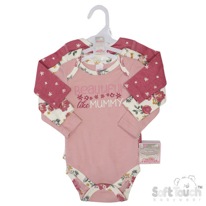 3 PACK LONG SLEEVED BODYSUITS - FLORAL/BEAUTIFUL (Pack Of 6) (0-6 Months) CC210-BS