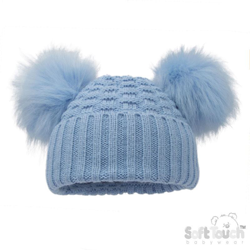 Deluxe Baby Blue Checked/Striped Hat w/Pom Poms (2-5yrs) (PK6) H674-BB