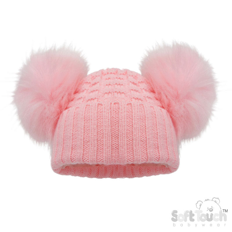 DELUXE BABY PINK CHECKED/STRIPED HAT W/POM POMS (2-5 Years) (PK6) H674-BP