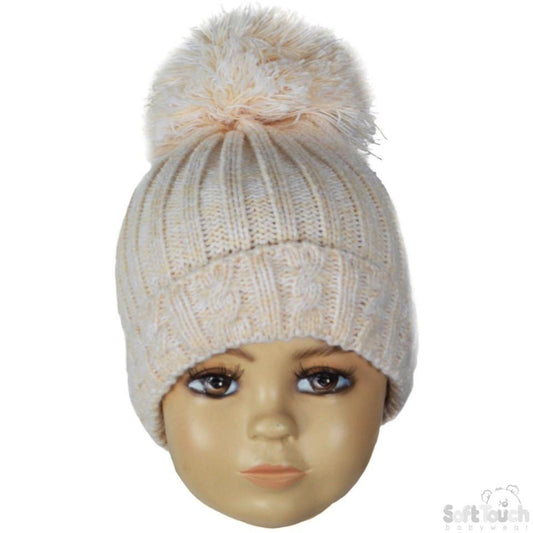 Small Beige Cable Knit Pom-Pom Winter Hat 0-12M (H480-BE-SM) - Kidswholesale.co.uk