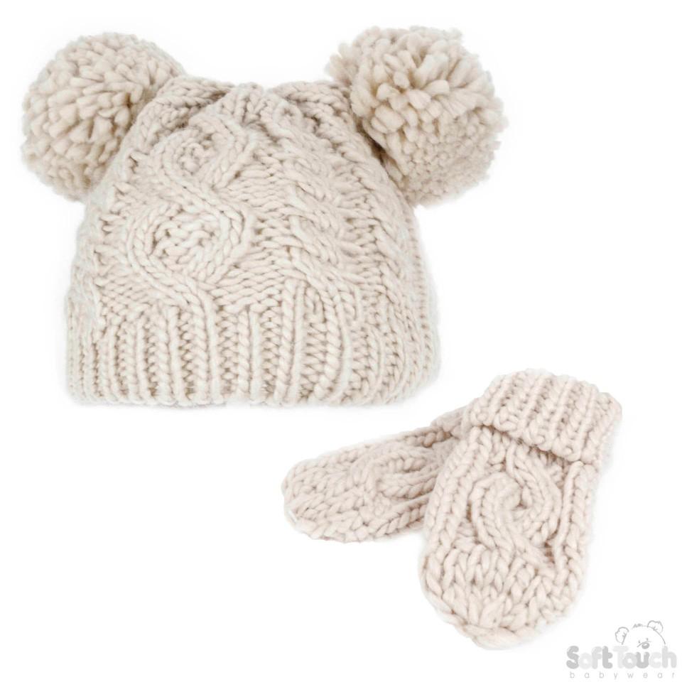 Cream/Beige Heavy Knit Pom-Pom Hat & Mitten Set - 12-24M (H483-CBE-MED) - Kidswholesale.co.uk