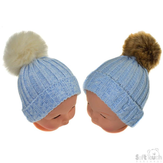 Small Blue Cable Knit Hat W/Fluffy Pom-Pom 0-12M (H486-B-SM) - Kidswholesale.co.uk