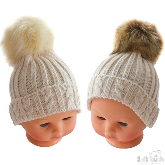 Small Beige Cable Knit Hat W/Fluffy Pom-Pom 0-12M (H486-BE-SM) - Kidswholesale.co.uk