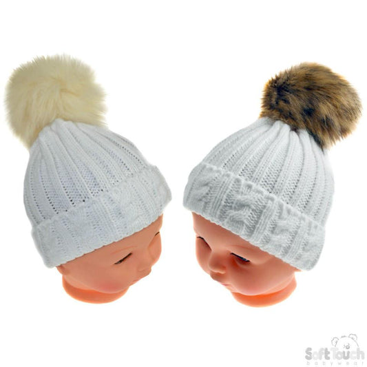 Small White Cable Knit Hat W/Fluffy Pom-Pom 0-12M (H486-W-SM) - Kidswholesale.co.uk