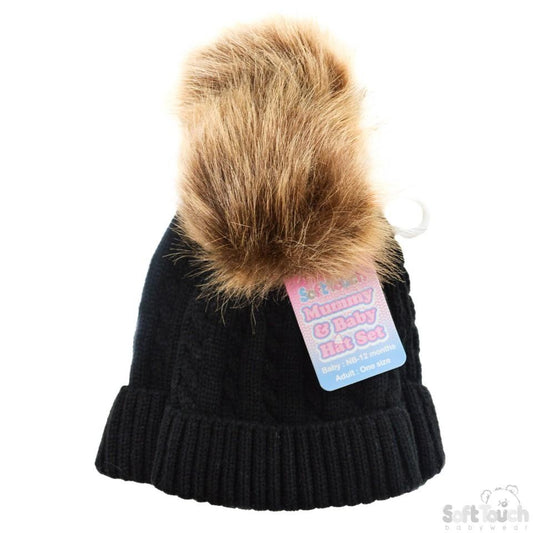 Mummy & Baby Cable Knit Hat W/Fluffy Pom-Pom -Black- NB-12M & Adult size (H502-BLK) - Kidswholesale.co.uk