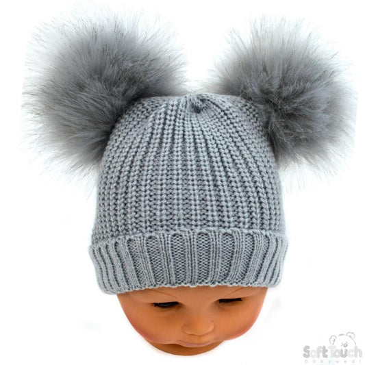 Small Grey Double Pom-Pom Hat - NB-6M (H506-G-SM) - Kidswholesale.co.uk