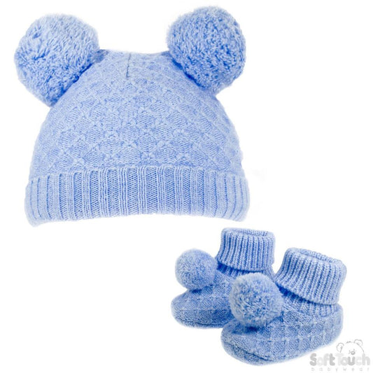 Blue Pom Pom Hat & Bootee Set- NB-12M (H610-B-SM) - Kidswholesale.co.uk