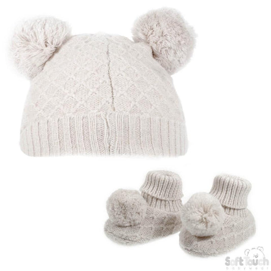 Beige Pom Pom Hat & Bootee Set- NB-12M (H610-BE-SM) - Kidswholesale.co.uk