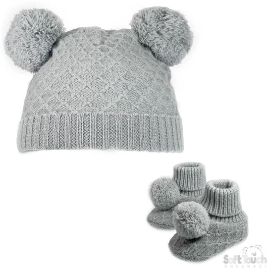 Grey Pom Pom Hat & Bootee Set- NB-12M (H610-G-SM) - Kidswholesale.co.uk