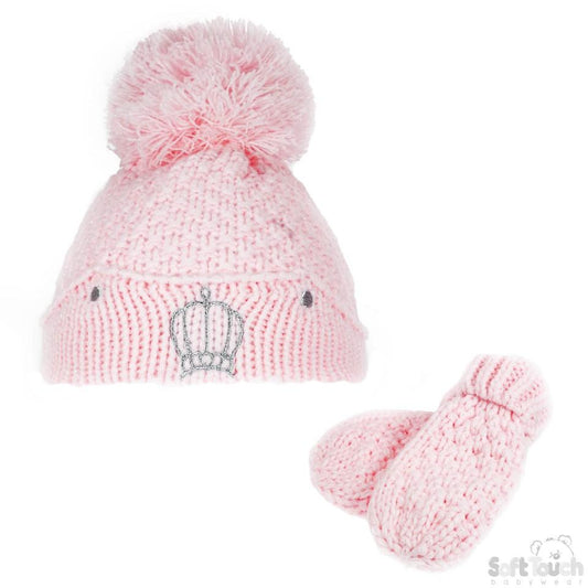 Pink Pom Pom & Mittens set NB-12M (H614-P-SM) - Kidswholesale.co.uk