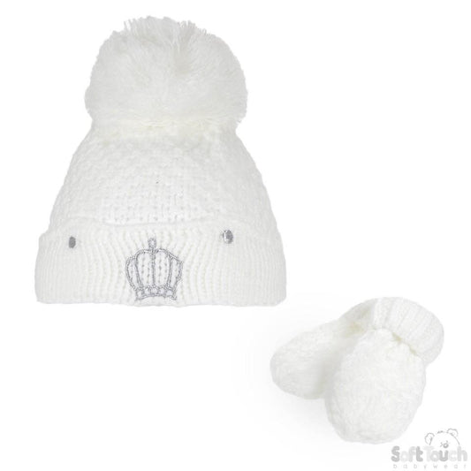 White Pom Pom & Mittens set NB-12M (H614-W-SM) - Kidswholesale.co.uk