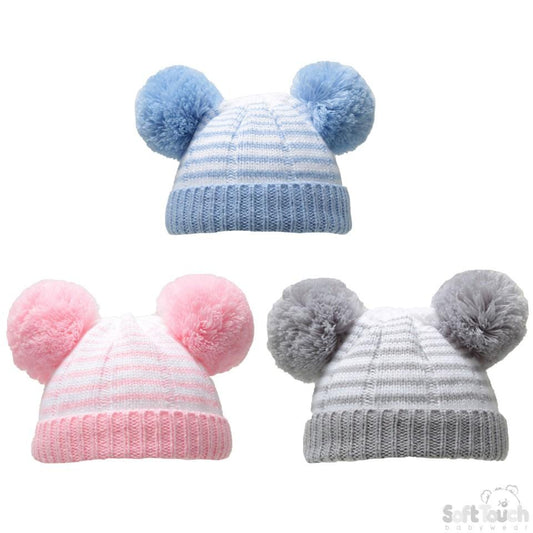 SMALL STRIPED HAT W/ 2 POM-POMS (NB-6 Months) H620-SM - Kidswholesale.co.uk