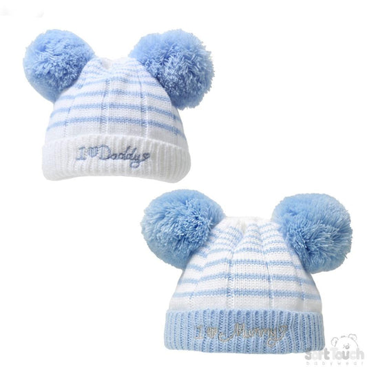 STRIPED BLUE HAT W/I LOVE MUMMY/DADDY EMBROIDERY & 2 POM-POMS (NB-6 Months) H628-B-SM - Kidswholesale.co.uk