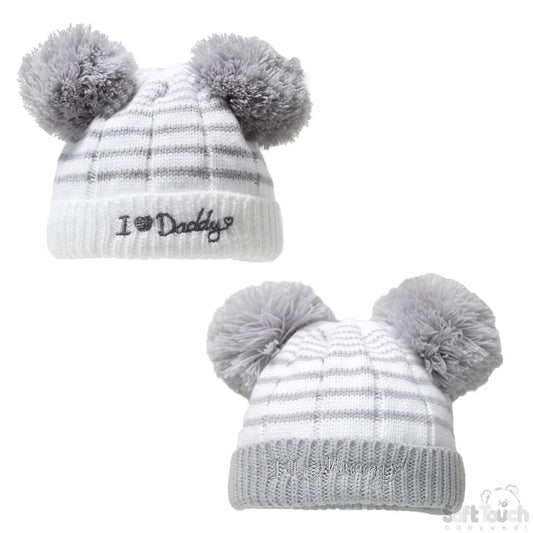 STRIPED GREY HAT W/I LOVE MUMMY/DADDY EMBROIDERY & 2 POM-POMS (NB-6 Months) H628-G-SM - Kidswholesale.co.uk