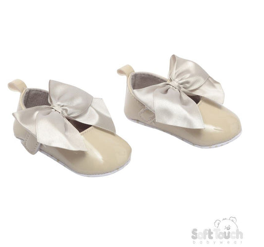 Biscuit Shiny PU Shoes w/Large Satin Bow- 3B2228-BI