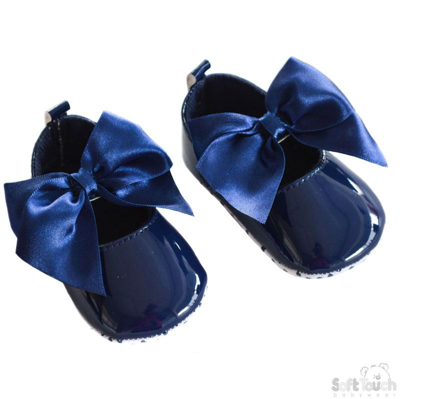 Navy Shiny PU Shoes W/Large Satin Bow- B2228-N