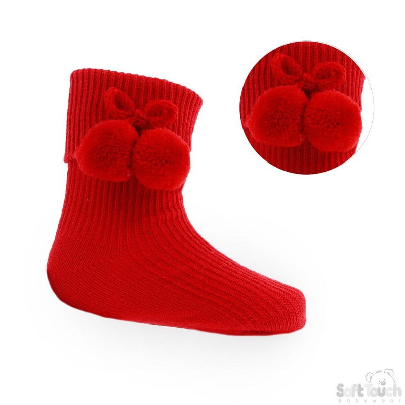 Red Pom-Pom Socks - Nb-18M - (S119-r) - Kidswholesale.co.uk